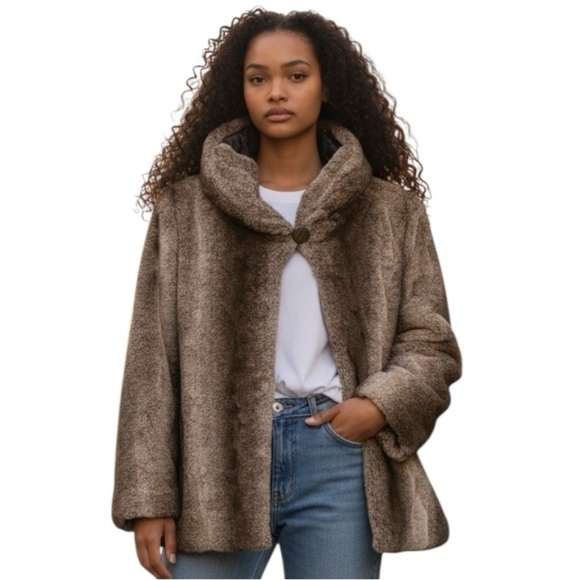dennis basso Jackets & Blazers - Dennis Basso Faux Fur Jacket Size Large Light Brown Faux Fur Coat with Hood
